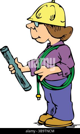 An abstract vector illustration shows a woman worker holding paper roll with blueprint and hose in cartoon style Stock Vector
