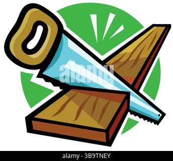 An abstract vector illustration shows a wood saw sawing sharp wood board in cartoon style Stock Vector