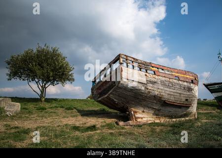 Abandoned wooden boat on the bank, decaying under sunlight with a grey cloud behind. A small tree nearby adds contrast to this moody, nostalgic scene. Stock Photo