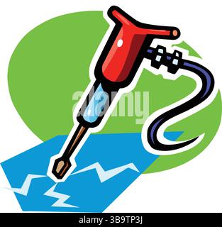 A vibrant illustration of a red and blue jackhammer with a purple cord, breaking through a cracked blue concrete surface Stock Vector
