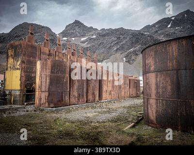 A scene from the now-abandoned whaling station in Grytviken, South Georgia as seen on December 23rd, 2024. Stock Photo