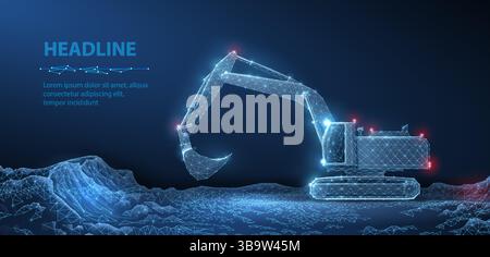 Excavator. Abstract vector 3d excavator isolated on blue background. Stock Vector