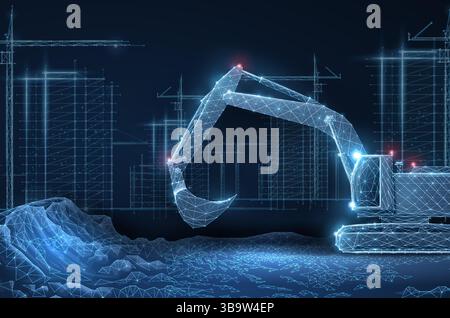 Digital construction site sketch with excavator. Building 3D Printing, Building Information Modeling Stock Vector