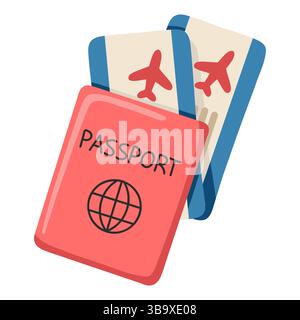 Cartoon passport with boarding passes. Symbol of travel. Vector isolated illustration on white background Stock Vector