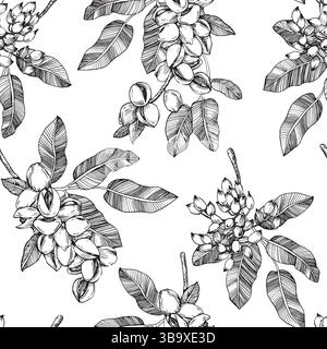 Seamless vector pattern with hand drawn ink pistachio nuts and leaves. Template for label design Stock Vector