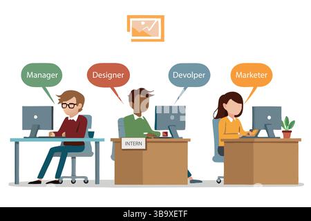 Diverse Team Collaboration Manager Designer Developer Marketer Working Together in Modern Office Stock Vector