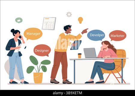 Teamwork Collaboration Office Scene Manager Developer Designer Marketer Brainstorming Project Ideas Creative Solutions Stock Vector