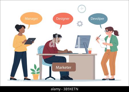 Diverse Team Collaboration Marketer Designer Developer Manager Successful Project Teamwork Illustration Stock Vector