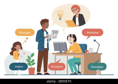 Diverse Team Collaboration Manager Designer Developer Marketer Intern Working Together on Project Stock Vector