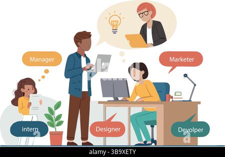 Diverse Team Collaboration Manager Designer Developer Marketer Intern Working Together on Project Stock Vector