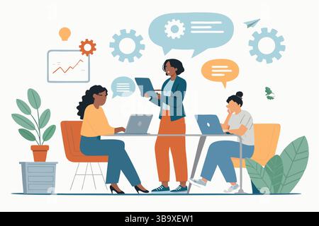 Teamwork Success Diverse Women Collaborate on Project Business Strategy Innovation Office Meeting Creative Solutions Stock Vector