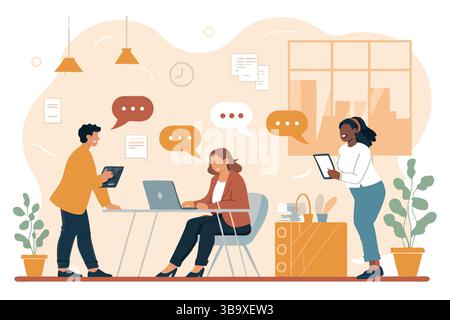 Teamwork Collaboration Office Meeting Business People Communication Technology Laptop Tablet Project Digital Marketing Stock Vector