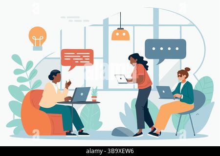 Collaborative Teamwork Women Brainstorming Sharing Ideas Laptop Computers Office Workspace Modern Business Creative Stock Vector