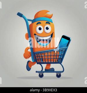 Happy Shopping Cart Mascot Online Deals Mobile Commerce E commerce Character Fun Retail Illustration Cartoon Shopping Stock Vector