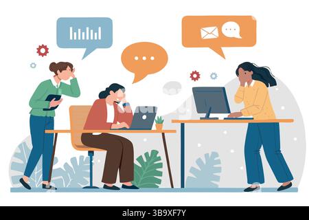 Stressed Office Workers Teamwork Problem Solving Collaboration Email Overload Data Analysis Business Challenges Stock Vector