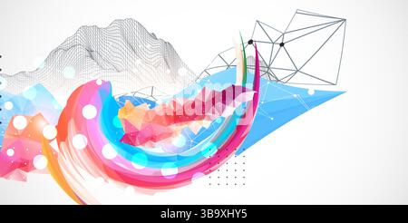 Abstract artwork with colorful waves, polygonal shapes and wireframe mountain. Vector Stock Vector