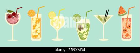 Cocktail Party, Nightclub. Set of flat poster, label, cover. Different glasses according to the menu. Alcoholic drinks. Stock Vector