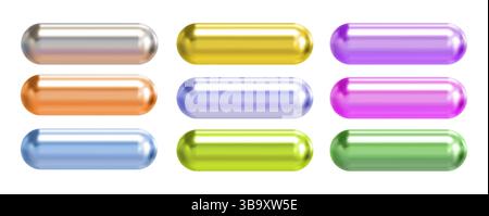 Glossy colorful 3D capsule buttons set in metallic chrome style on white background, includes silver, gold, purple, orange, blue, green, and pink pill Stock Vector