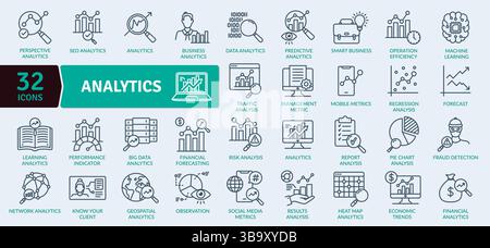 Data Analytics Icon Collection: 32 Business Intelligence Line Illustrations Stock Vector