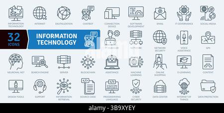 Information Technology Icon Collection: 32 Digital Innovation Line Graphics Stock Vector
