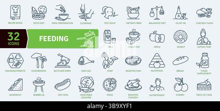 Food and Nutrition Icon Collection: 32 Culinary and Dietary Line Illustrations Stock Vector