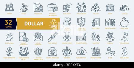 Finance and Money Icon Collection: 32 Financial Business Line Illustrations Stock Vector
