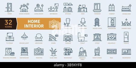 Home Interior Icon Set: Furniture and Household Items Stock Vector