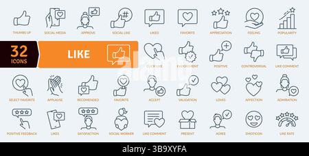 Social Media Engagement Icon Set: 32 Like and Approval Line Illustrations Stock Vector