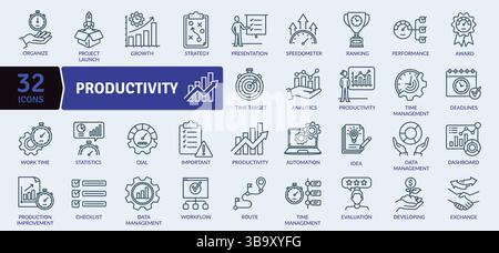 Productivity and Business Management Icon Set: 32 Professional Line Illustrations Stock Vector