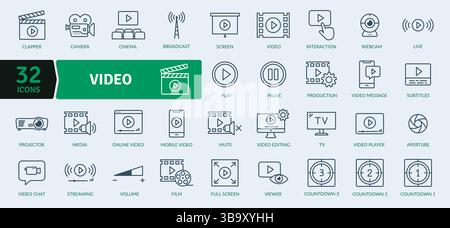 Distinct icons related to video and media: 32 Professional Line Illustrations Stock Vector