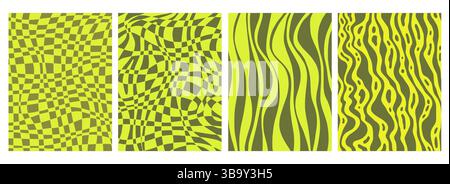 Set of Psychedelic Checkerboard and Wavy Pattern Stock Vector