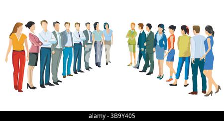 Two groups of people facing each other, isolated illustration Stock Vector