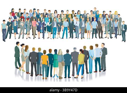 Two groups of people facing each other, isolated illustration Stock Vector