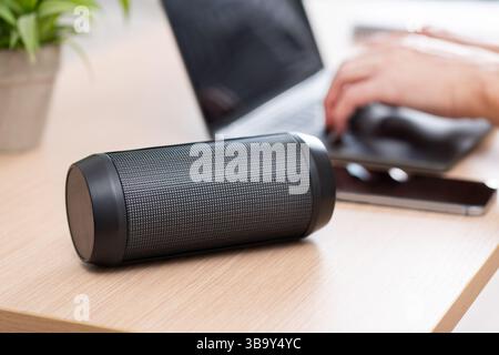 Business man enjoys his favorite tunes while scrolling through his smartphone.Technologies in AI artificial intelligence systems Stock Photo