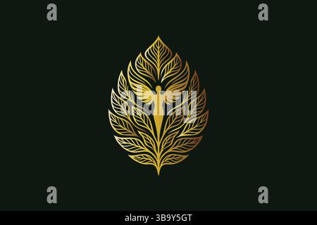 Elegant Golden Angel Wing Logo with Leaf and Fairy Elements for Luxury Branding Stock Vector