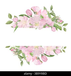 Delicate pink flowers and spring branches with leaves on a floral horizontal frame. Watercolor illustration. Banner and floral background, isolated on Stock Photo