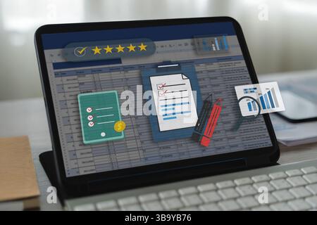 Data analysis dashboard on tablet with checklist, rating stars, and chart icons for business, finance, and productivity concepts. Stock Photo