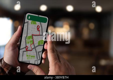 GPS Map to Route Destination network connection Location Street Map with GPS Icons Navigation man gps or locator Exploring target location. Stock Photo