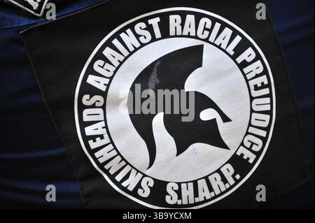Glasgow, UK. 11th May, 2025 - Protester is seen wearing a jacket with a logo on it for SHARP during the protest.   Protesters gathered outside the steps at Buchannan Street to protest against Israeli occupation of Palestine and the genocide against the Palestinians that is supported by the west. Credit: Eastern Goodwin Media/Ģ����ý Live News Stock Photo