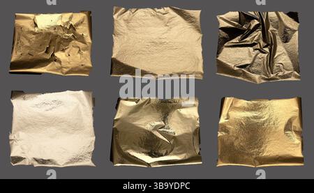 Torn and crumpled metallic foil with crinkled texture, golden and brass tones, sleek and rugged edges, rich and shiny piece, fragile and decorative fo Stock Photo