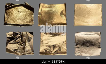 Torn and crumpled gold foil with metallic texture, fragile and rugged edges, shimmering brass and bronze material, rich and luxurious piece with crink Stock Photo