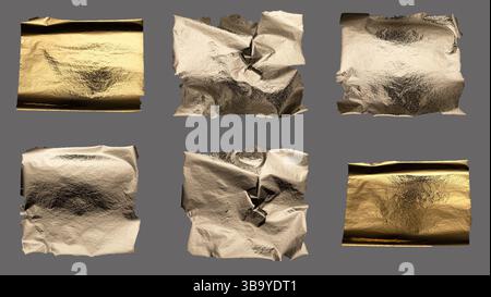 Torn and crumpled foil with metallic texture, rugged edges and fine glitter, golden and bronze tones creating a damaged, rich design, fragile and shin Stock Photo