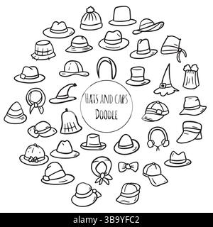 Set of Doodles illustration of Hats and caps . Thin line art about clothes. Stock Vector