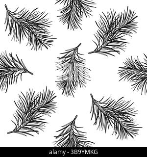Pine branches seamless pattern hand drawn black and white outline vector illustration. Monochrome conifer twigs repeat design for rustic Christmas Stock Vector