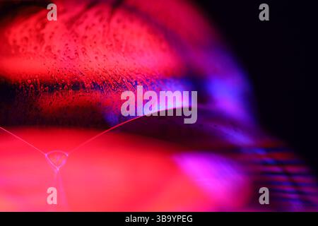 Red and purple fluid reflections on black background, liquid surface abstraction, colour edge, deep dark backgrounds, geometric water shapes Stock Photo