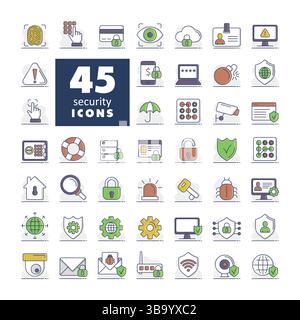 Security vector on dark background icon set. Cyber lock, password, unlock. Guard, shield, home security system icons. Eye access, electronic check, fi Stock Vector