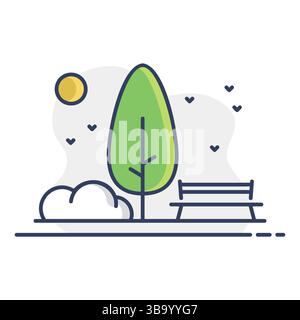Public park bench and tree vector icon. Urban park. Nature sign. Graph symbol for travel and tourism web site and apps design, logo, app, UI Stock Vector