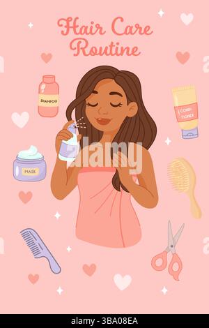 Poster-style illustration of a dark-haired woman using hair spray, surrounded by shampoo, conditioner, mask and combs. Stock Vector