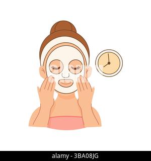 Illustration of a woman using a white sheet face mask, relaxing with eyes closed, a clock indicating time for beauty treatment. Stock Vector