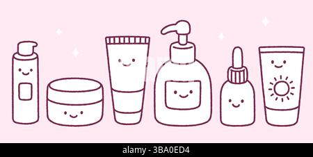 Cute cartoon skincare doodle set. Tubs and bottles with funny kawaii faces, asian beauty products drawing. Hand drawn vector illustration. Stock Vector